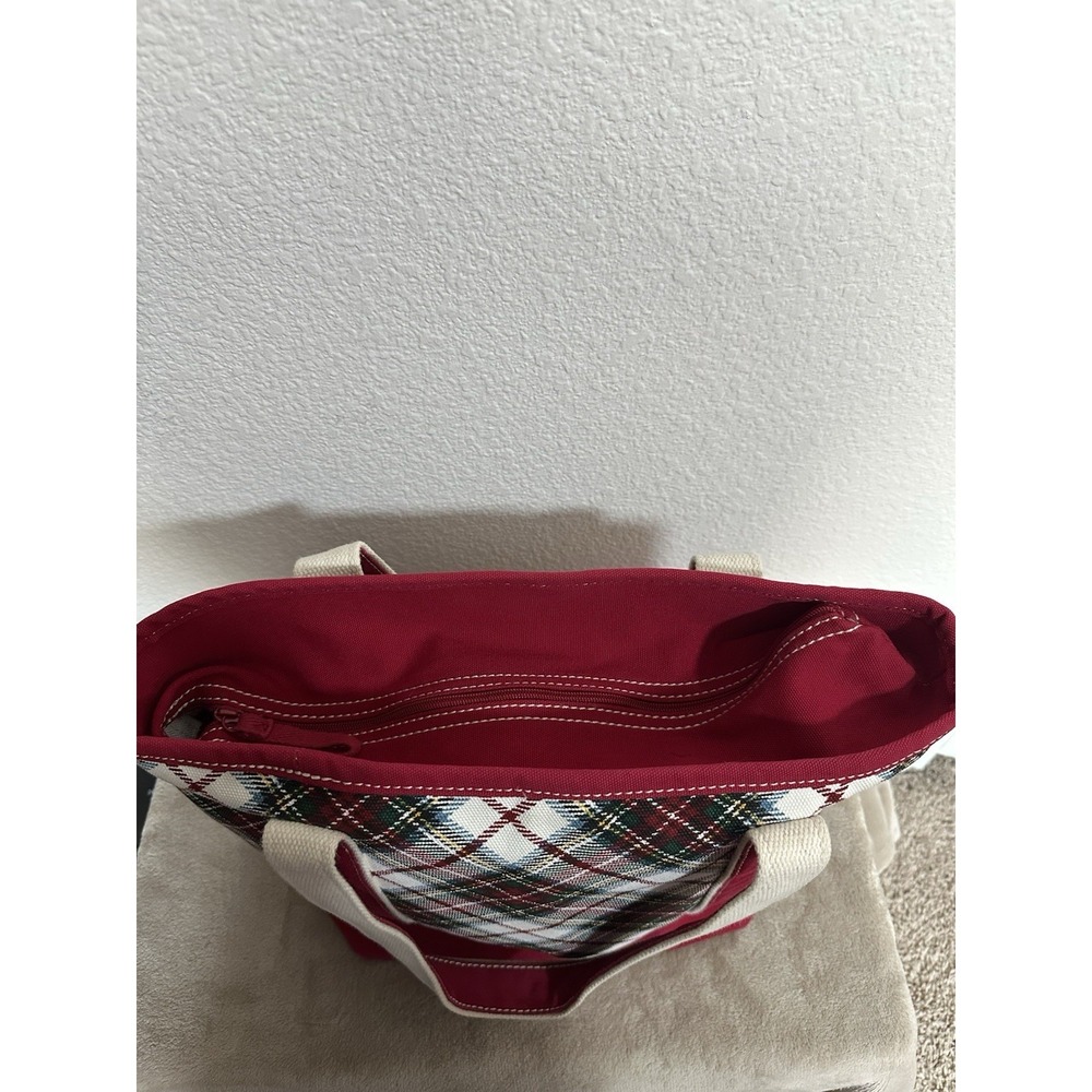 Lands‎ End M 5 Pocket ZipTop Canvas Tote Bag Christmas Red Green White plaid - Picture 3 of 6